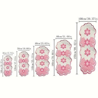 Pink and white scalloped floral plush rug runner size options shown with measurements.
