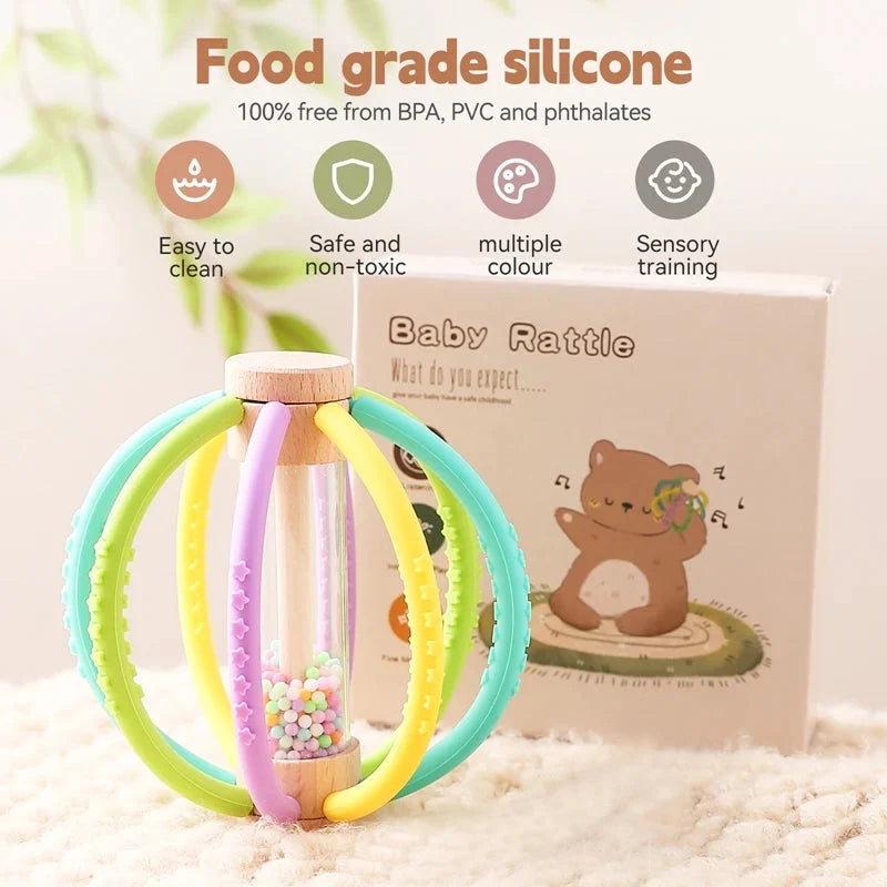 Baby rattle teether toy with multicolor silicone rings and bead-filled center