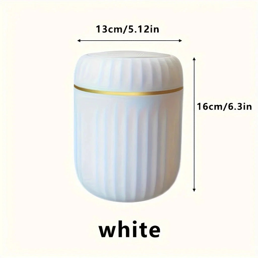 White mini desktop trash can with lid, ribbed plastic container, gold trim