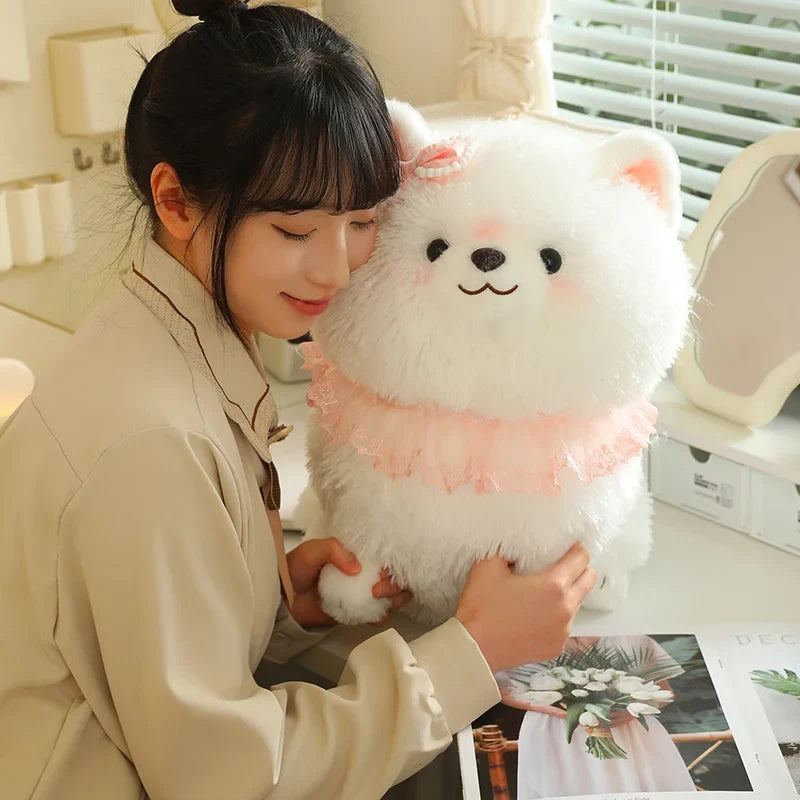 Kawaii Pretty Pomeranian Plushie – Fluffy White Dog with Pink Ruffle Collar | 31cm, 37cm & 52cm