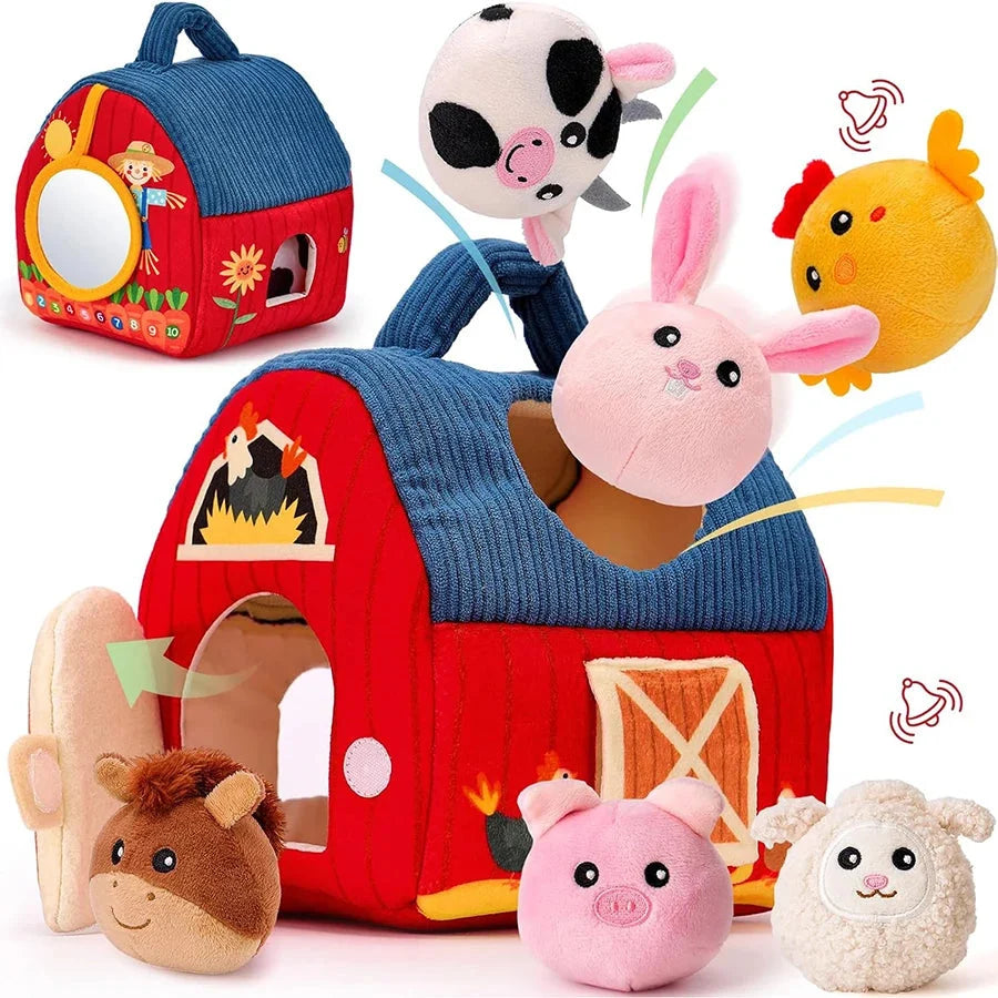 Corduroy barn toy with open door and attached animal plush, including pig, panda, and bear