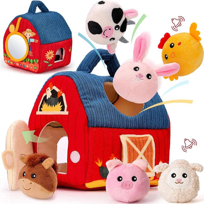 Corduroy barn toy with open door and attached animal plush, including pig, panda, and bear