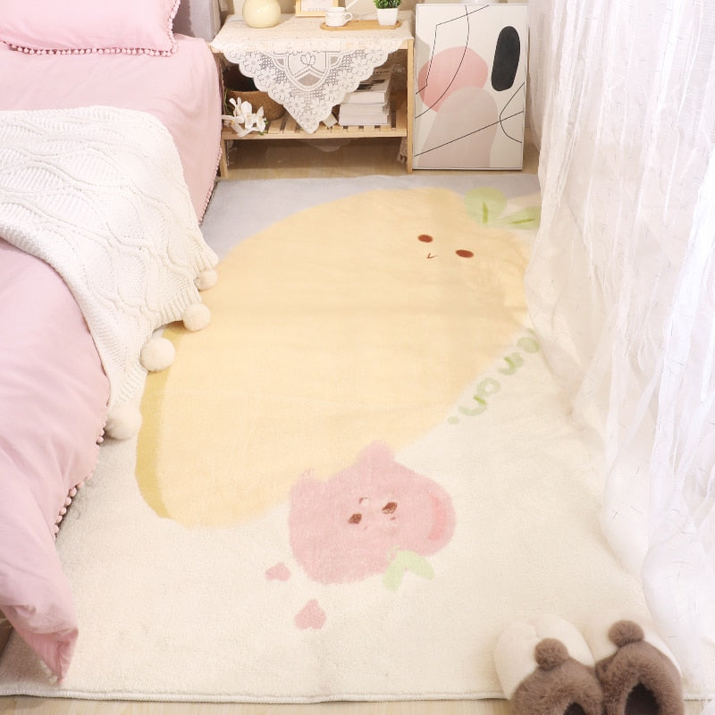 Cute bear print area rug on pale yellow with green writing and pink accents.