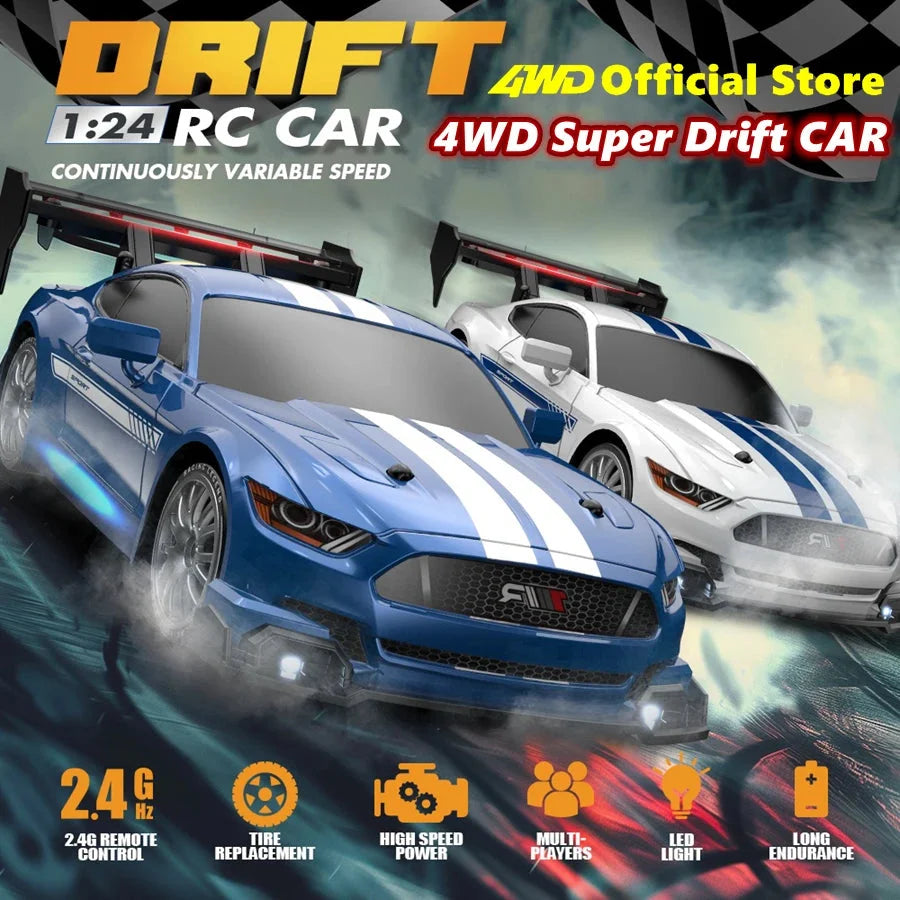 Two 1:24 scale RC drift cars with black rear wings, blue and white racing models