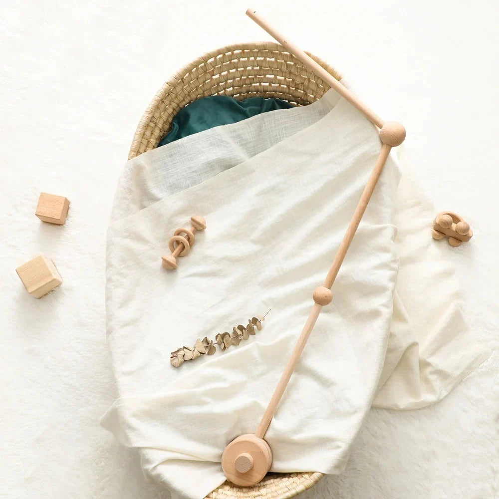 Wooden crib mobile bed bell bracket with long pole and round knob ends