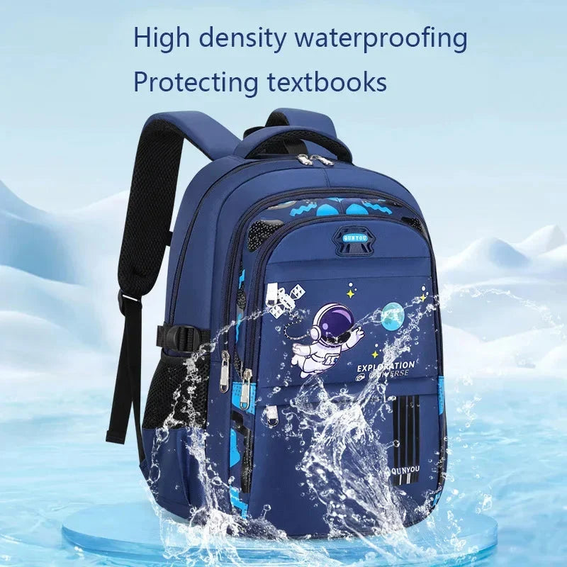 Kids navy astronaut backpack with astronaut print; water splash effect at front