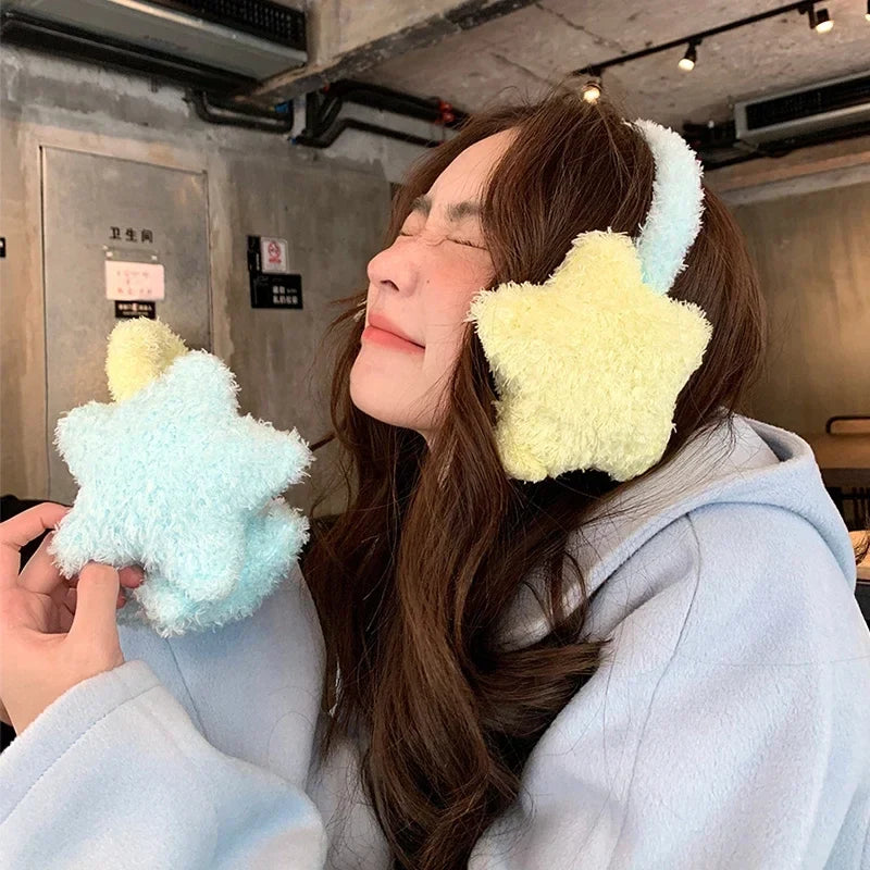 Kawaii Plush Star Earmuffs – Cute Fluffy Star Ear Warmers | Yellow & Blue | Kawaii Winter Accessories