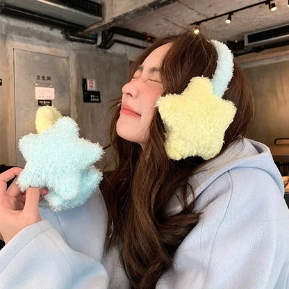 Kawaii Plush Star Earmuffs – Cute Fluffy Star Ear Warmers | Yellow & Blue | Kawaii Winter Accessories