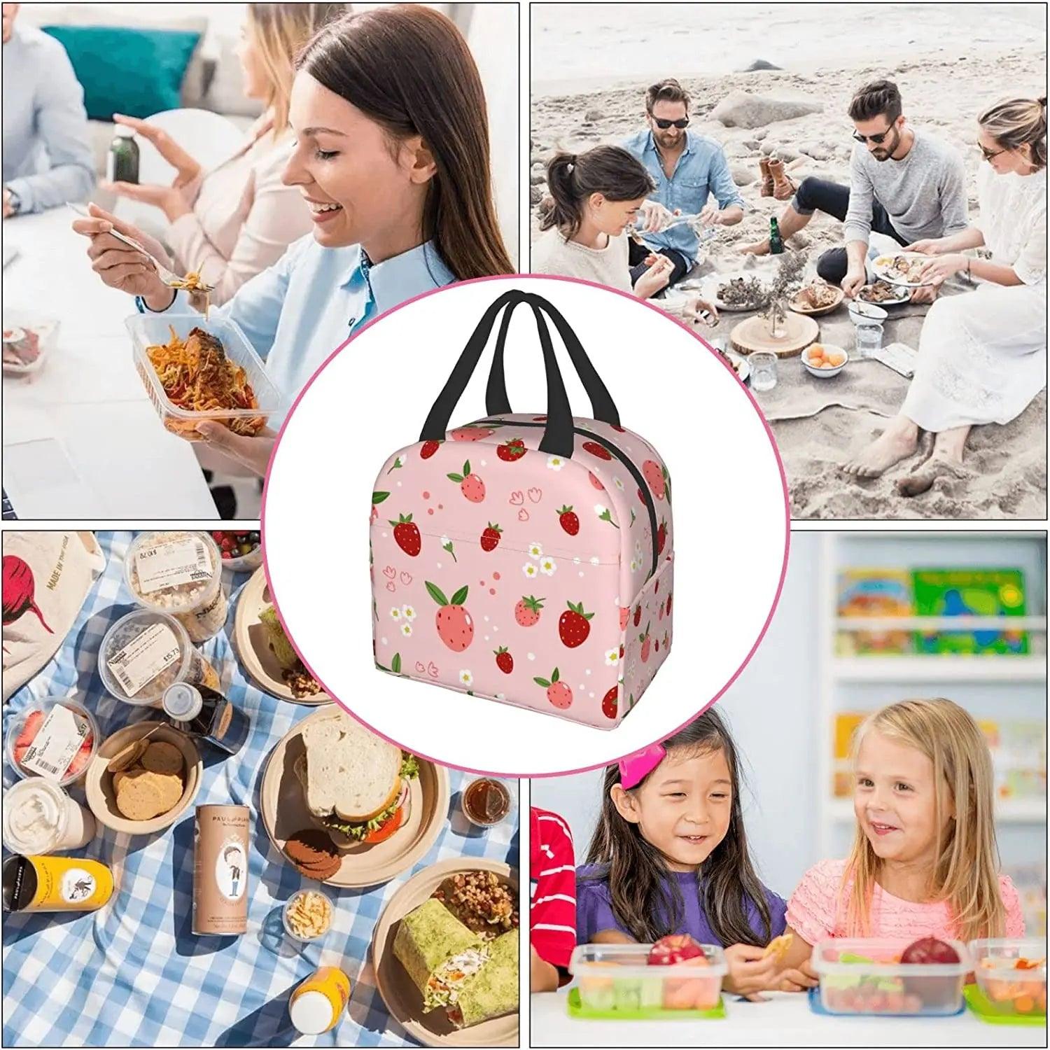 Pink strawberry print insulated lunch bag with black handles, centered in collage