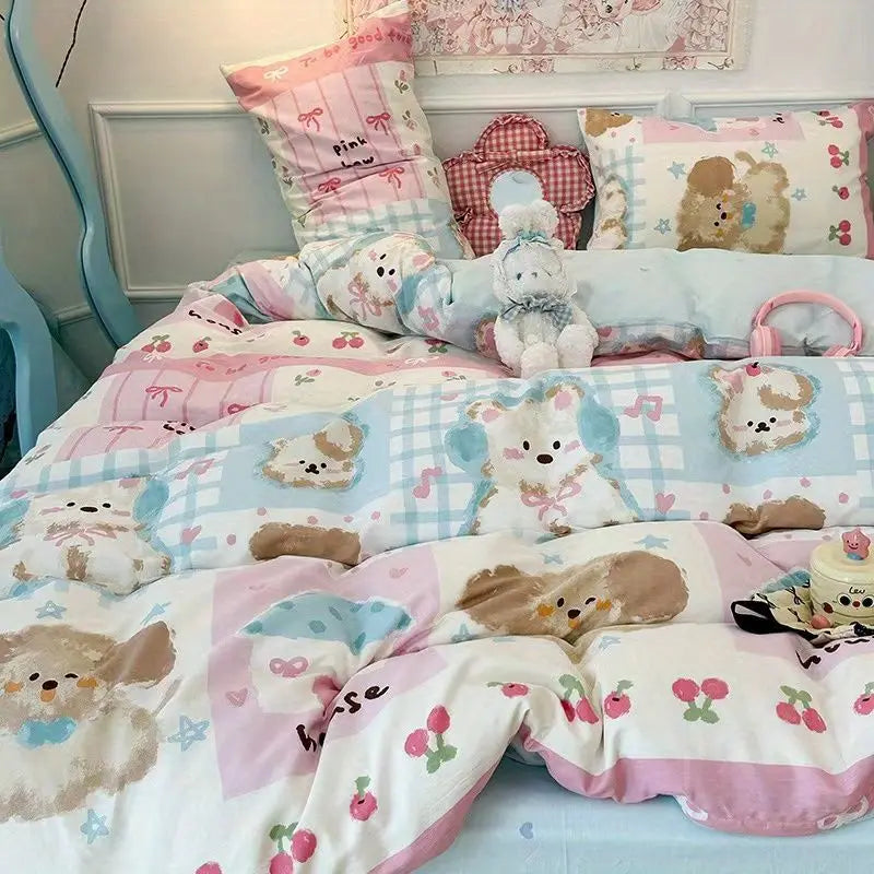 Kawaii Pastel Blue & Pink Bedding Set – Soft Microfiber Flat Sheet Set | Twin, Full & Queen | Anime-Core Bedroom Decor