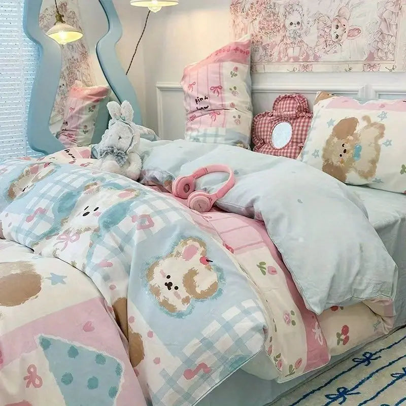 Kawaii Pastel Blue & Pink Bedding Set – Soft Microfiber Flat Sheet Set | Twin, Full & Queen | Anime-Core Bedroom Decor