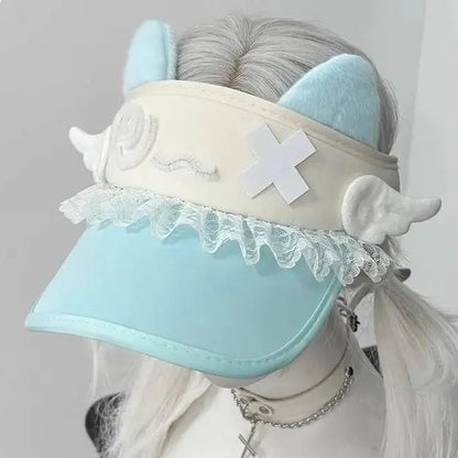 Lavender cat-ear visor with lace trim and confused kitty face patch