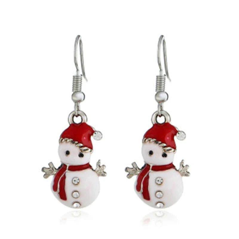 Silver-tone snowman face drop earrings with red hat scarf and bow-like details