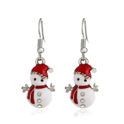 Silver-tone snowman face drop earrings with red hat scarf and bow-like details