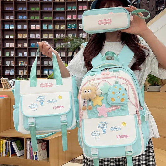 3-piece backpack set in mint teal with front character panel and adjustable straps