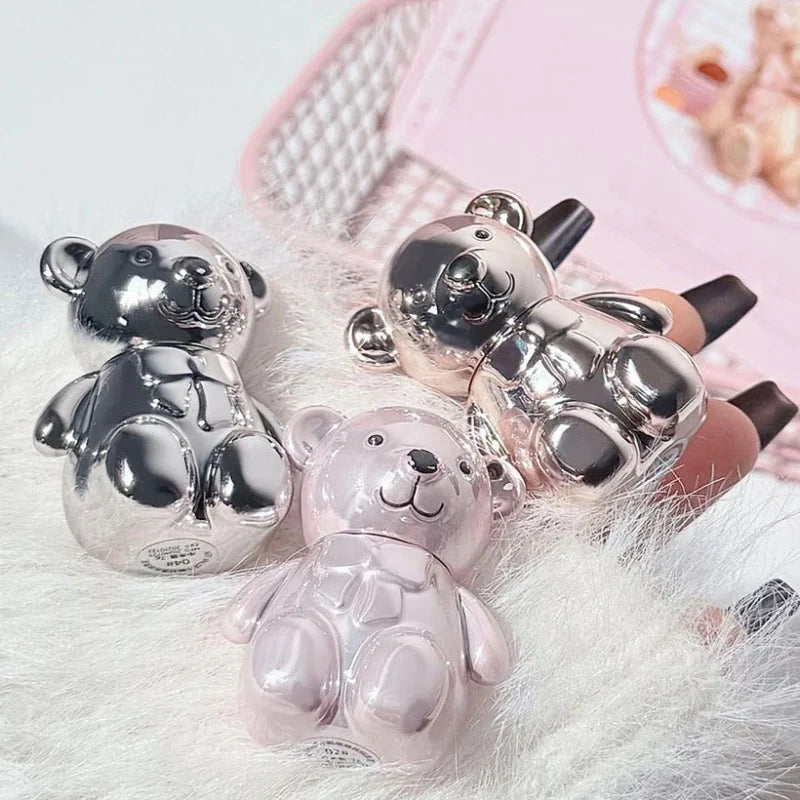 Silver bear-themed decorative mini compacts with clear bear lids and fuzzy trim