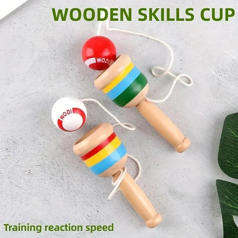 Wooden skill cup toy set with striped cups, wooden handles, and red/white throw balls