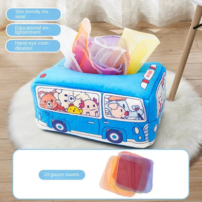 Blue bus Montessori sensory tissue box toy with cartoon animals and fabric tissue pouches
