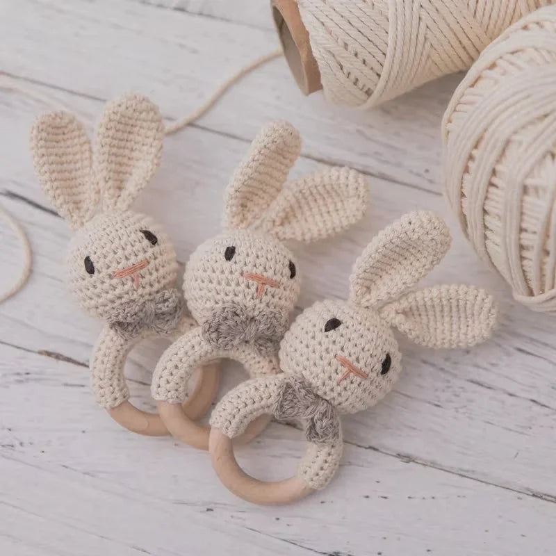 Baby Crochet Rattle & Wooden Teether Toy – BPA Free | Soft Animal Design | Giraffe, Bunny, Lion & More | Newborn Baby Shower Gift