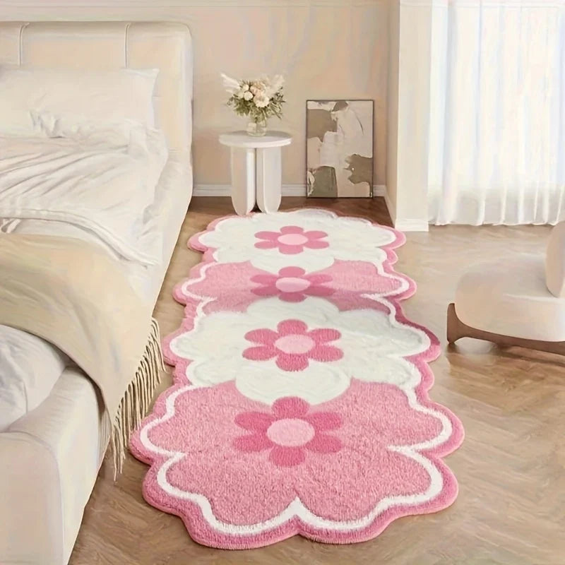 Pink and white scalloped plush floral rug runner with layered flower applique details.