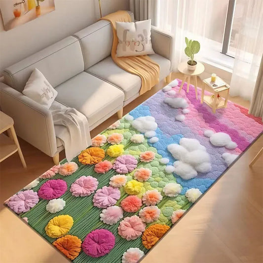 Colorful plush flower area rug with 3D daisies and petals on a soft pink-blue base