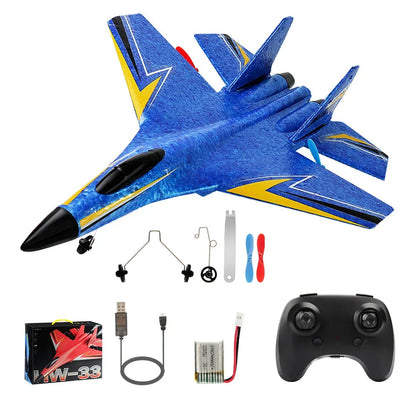 Blue RC foam jet aircraft with remote controller and propeller accessory set