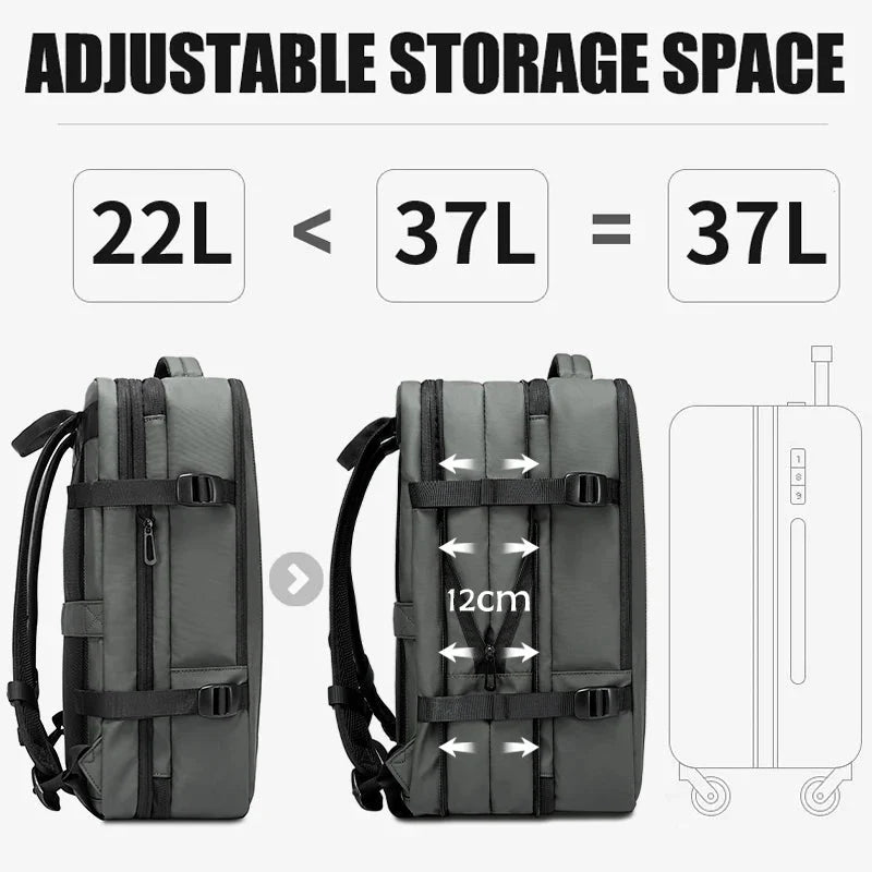 Grey expandable business backpack with adjustable front straps and expandable storage panels