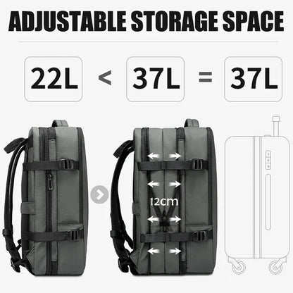 Grey expandable business backpack with adjustable front straps and expandable storage panels