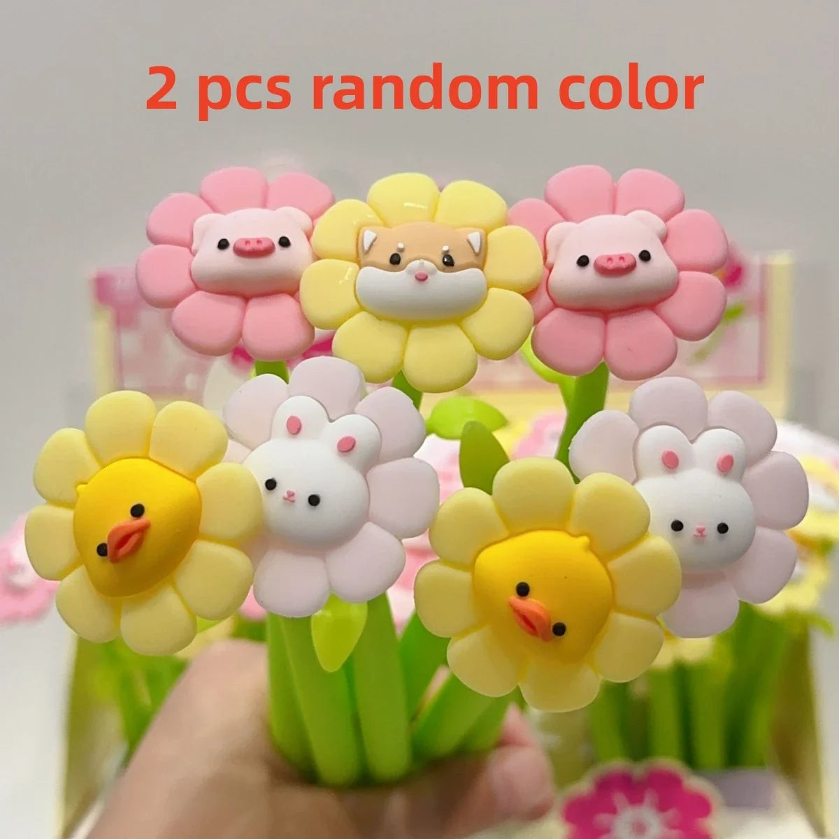 Close-up of pastel animal flower pen heads in a random set