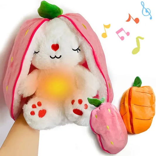 Luminous breathing bunny plush doll with pink hood and green leaf, closed-eye sleeping