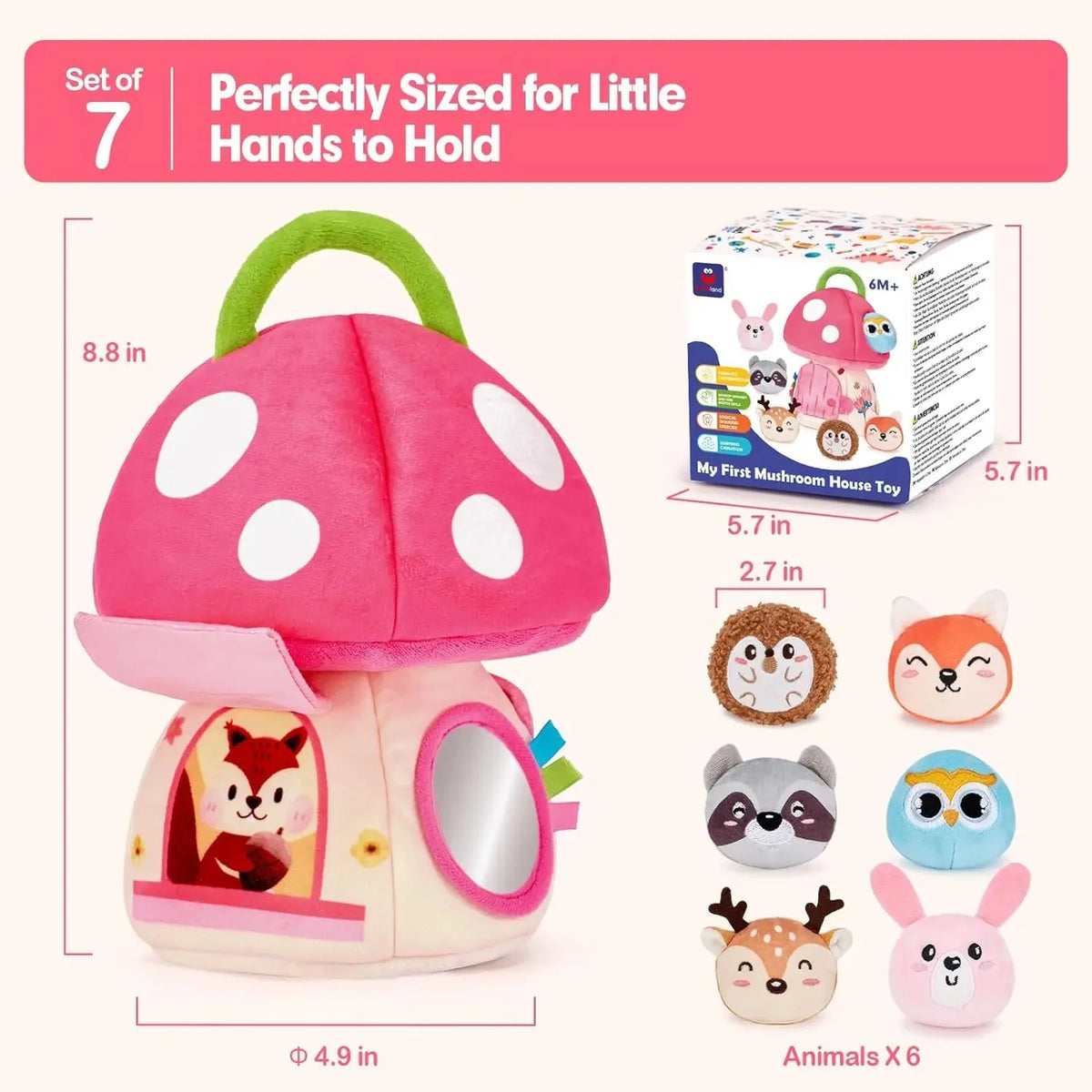 Soft plush animal playhouse toy with mushroom top and carrying handle