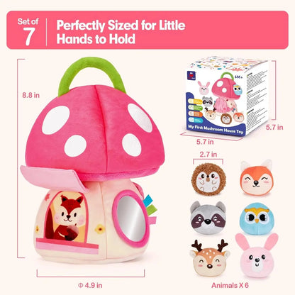 Soft plush animal playhouse toy with mushroom top and carrying handle