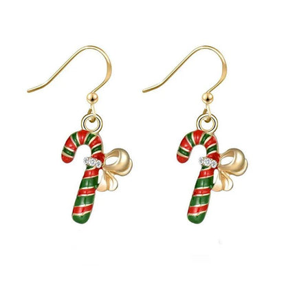 Gold-tone holiday candy cane drop earrings with bow and small crystal accents