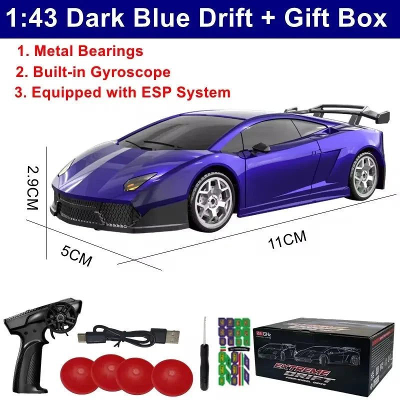 1:43 dark blue drift RC car with gift box, controller, and cone accessories