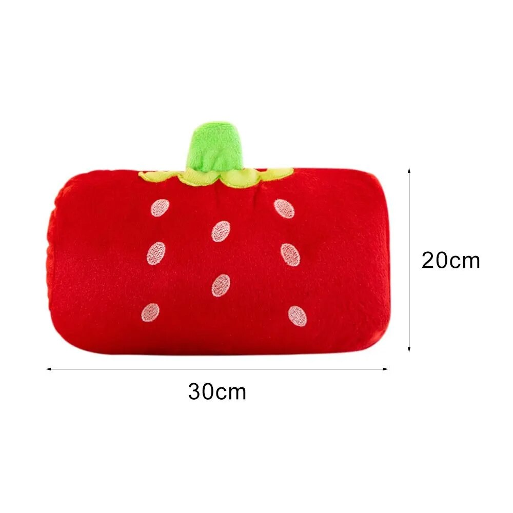 Red strawberry plush hand warmer pillow, 30cm x 20cm with green stem and white dots