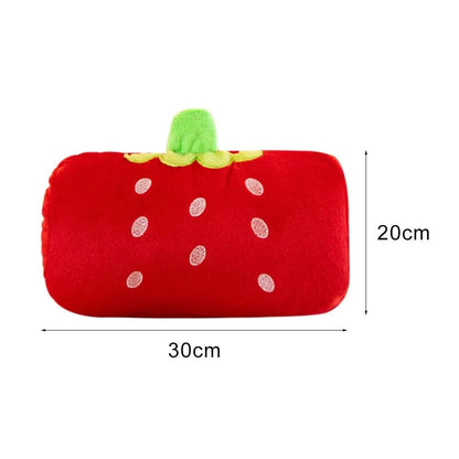 Red strawberry plush hand warmer pillow, 30cm x 20cm with green stem and white dots