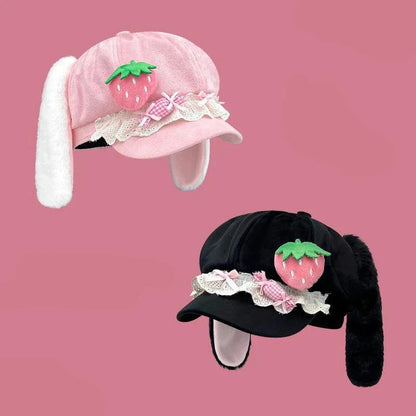 Pink and black strawberry bunny hats with strawberry applique, lace ruffle, ribbon bow, ear flaps