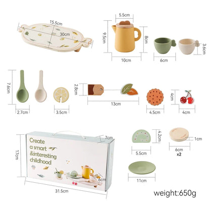 Wooden tea set in package with tray, teapot, cups, spoon, and lemon accessories
