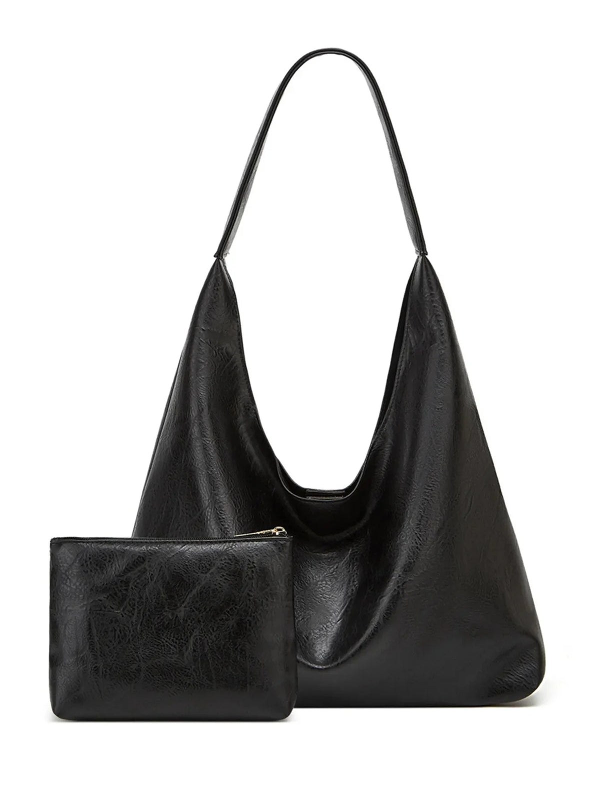 Black leather-look shoulder tote bag with zip pouch pocket