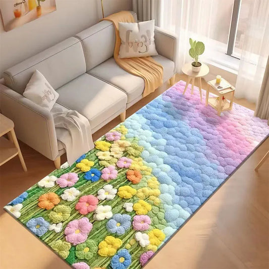 Colorful plush flower area rug with 3D daisies and petals on a blue textured background