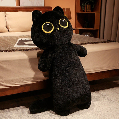 Black cat plush body pillow with yellow ring eyes and soft plush texture