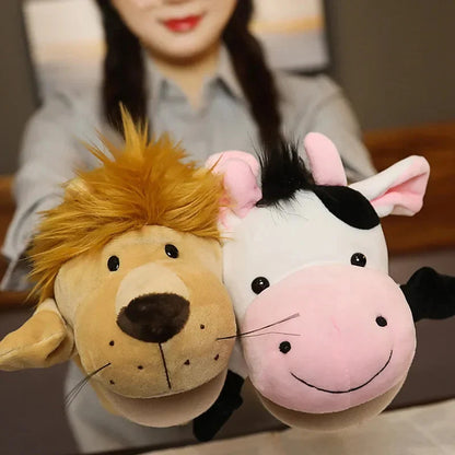 Stuffed lion and rabbit finger puppets with plush manes and floppy ears