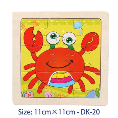 Kids wooden jigsaw puzzle tile set, red crab theme, 11x11 cm