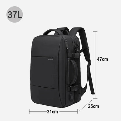 Black expandable business backpack with front organizer panel and adjustable shoulder straps