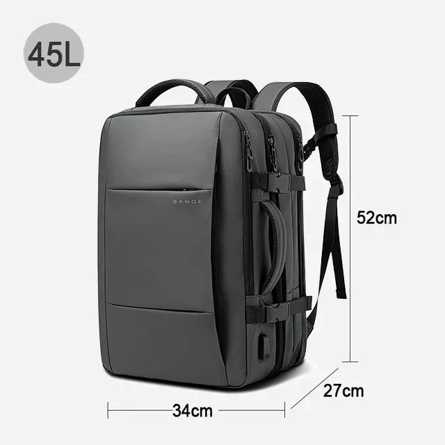 Grey expandable business backpack with adjustable straps, side handle, and front buckles