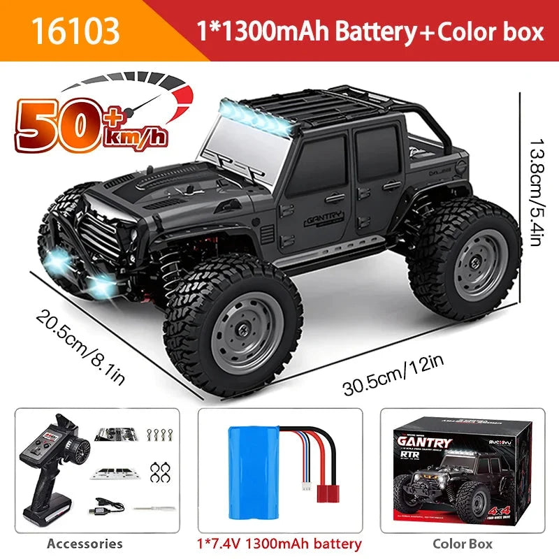 Speed RC monster truck in black and gray with large off-road tires and LED light bar