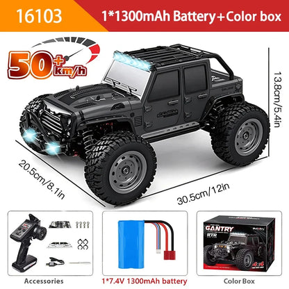 Speed RC monster truck in black and gray with large off-road tires and LED light bar