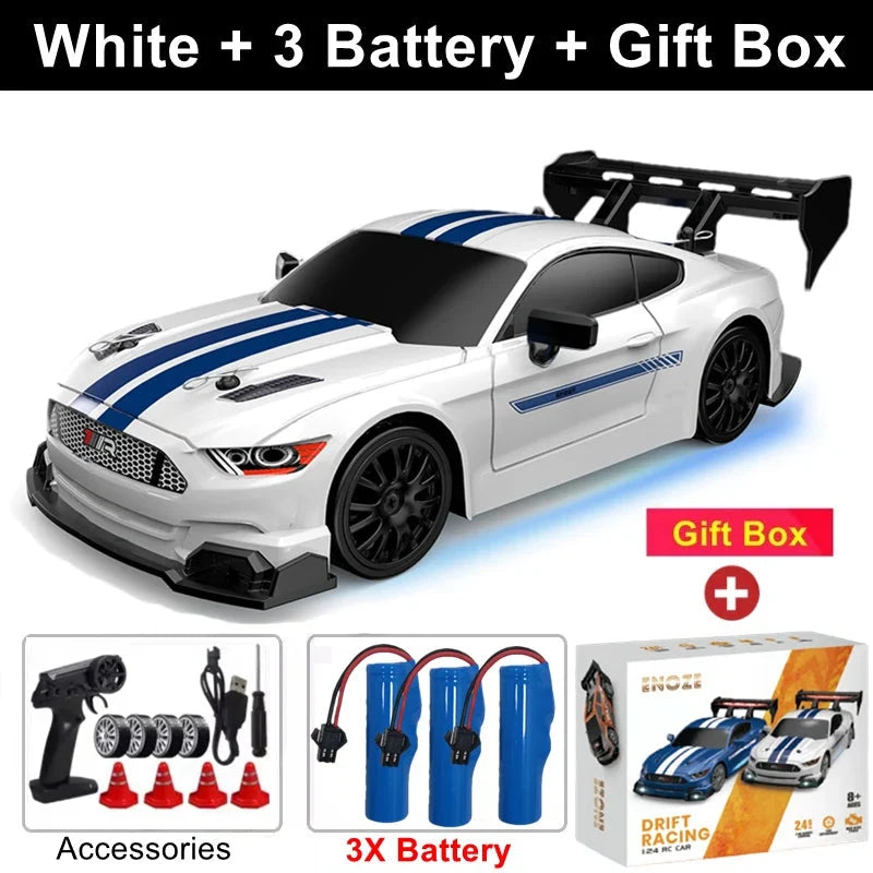 White RC drift racing car with blue stripes and rear wing, 3 batteries, gift box