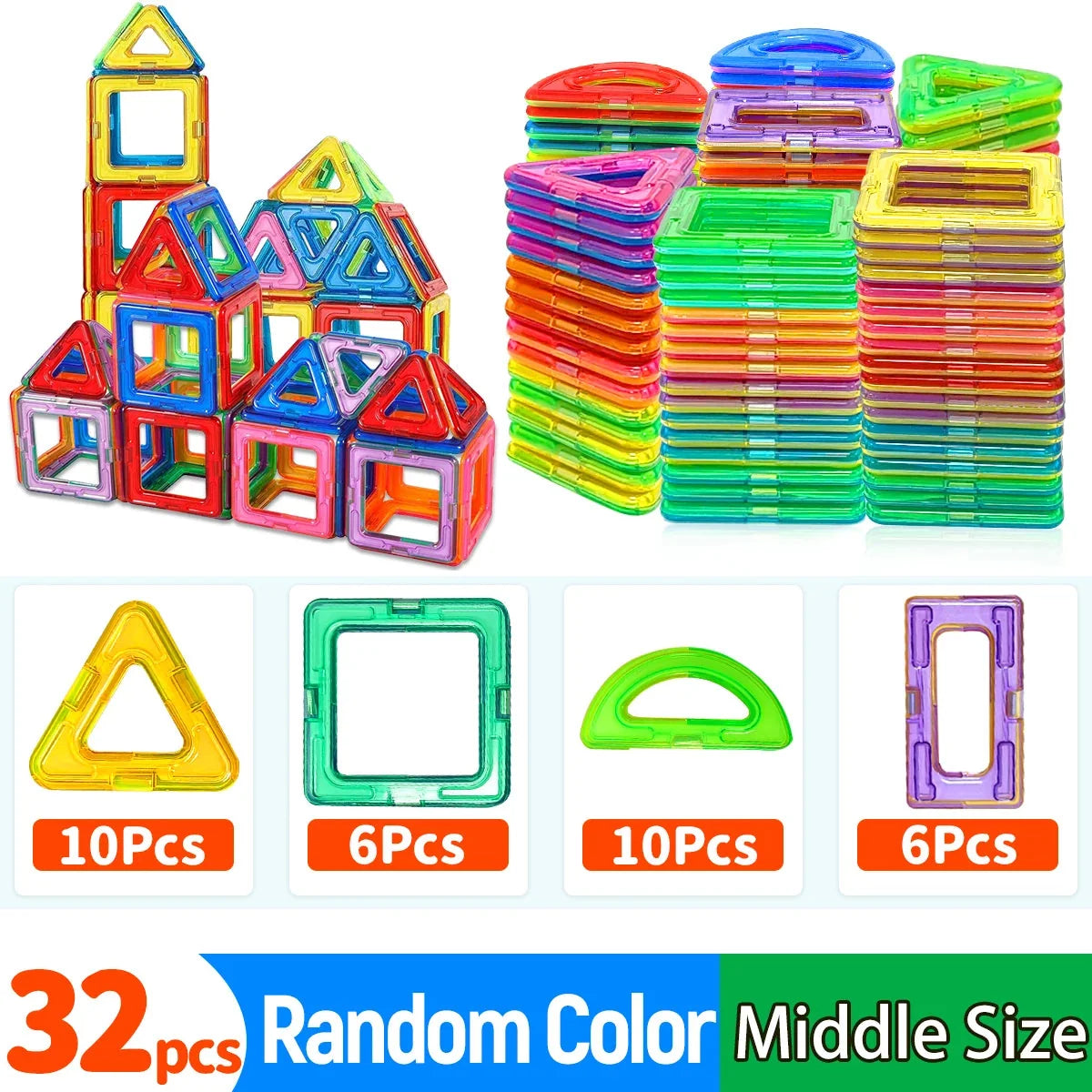 Colorful magnetic building blocks set with triangle, square, and window-shaped pieces
