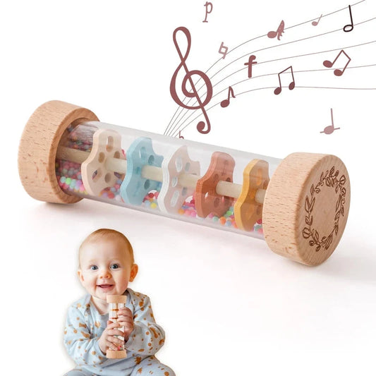 Wooden rainbow rain stick rattle toy with colorful beads inside and end caps
